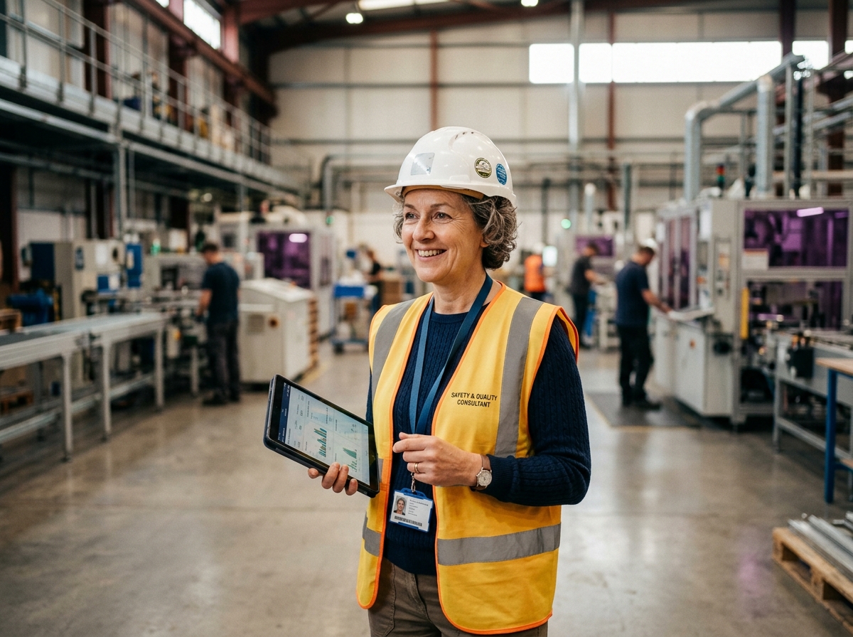A safety and quality consultant in a hi-vis vest and hard hat holding a tablet on a factory floor