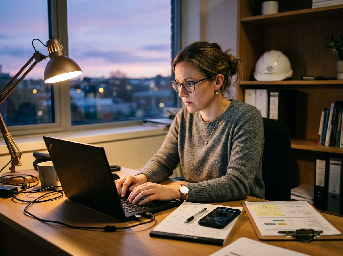 A consultant at a desk in the evening with a laptop, phone and notepad